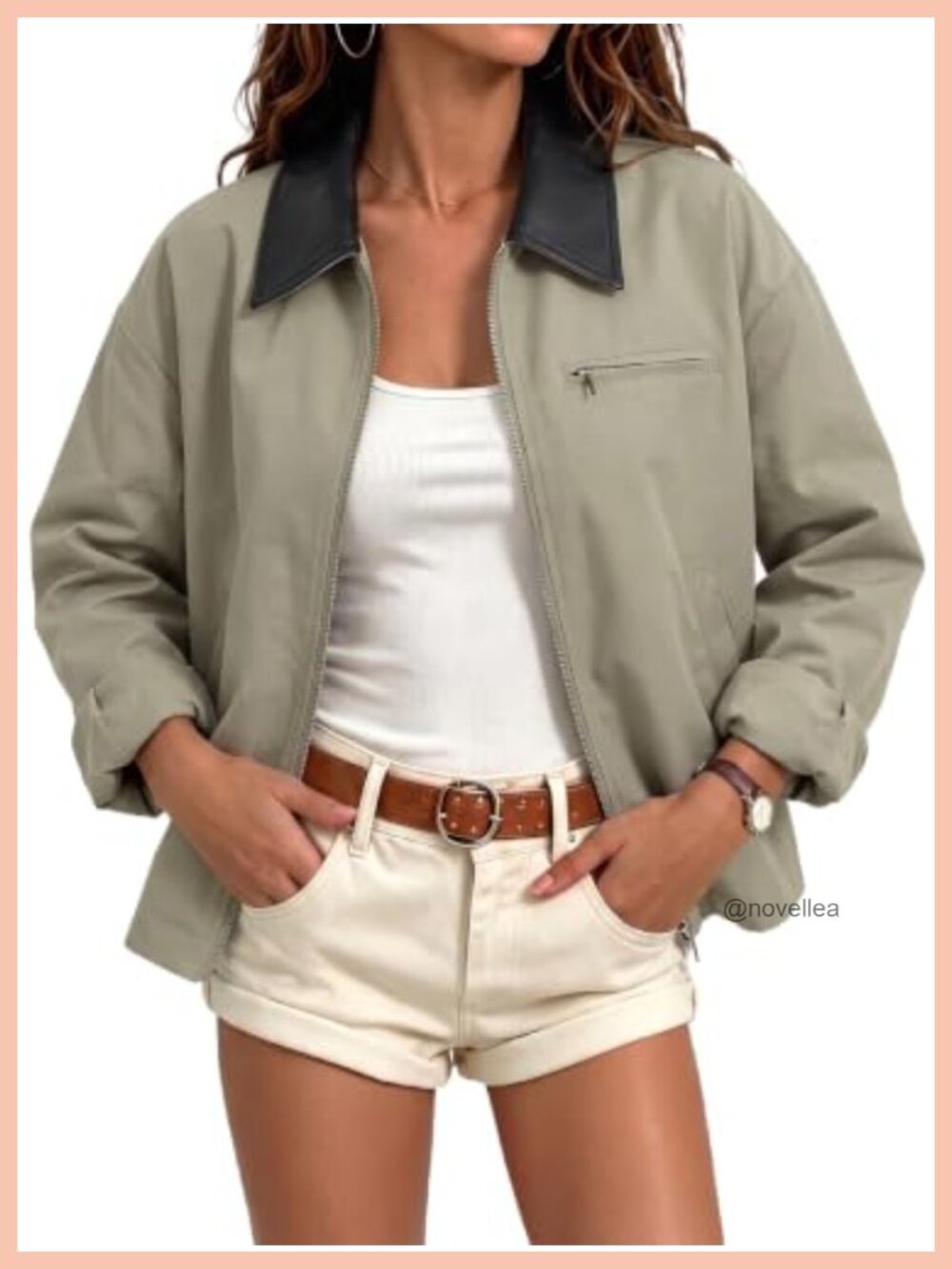 Lightweight Zip Up Cropped Jacket with Faux Leather Collar